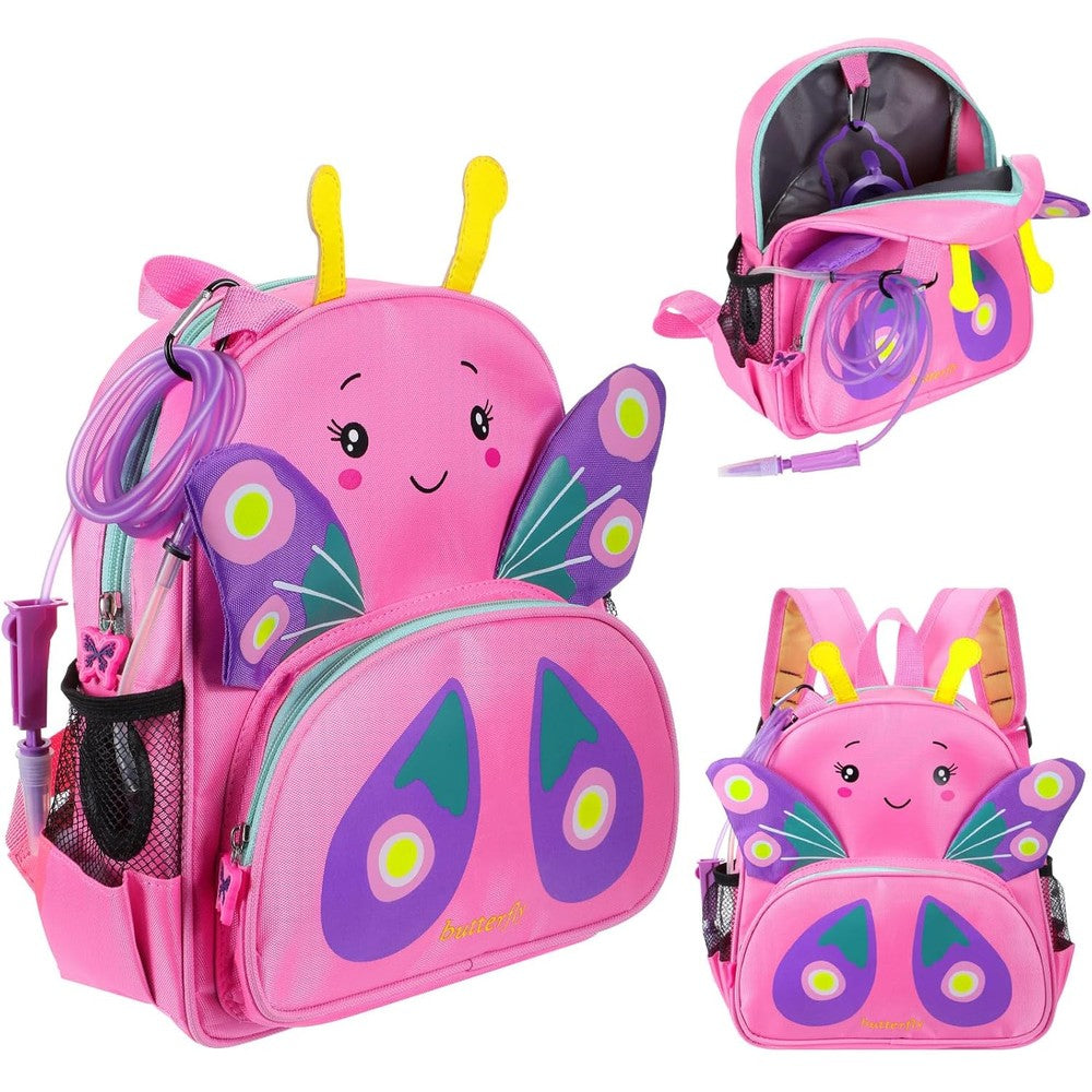 SilTriangle feeding tube backpack front view showcasing pink nylon material with butterfly pattern