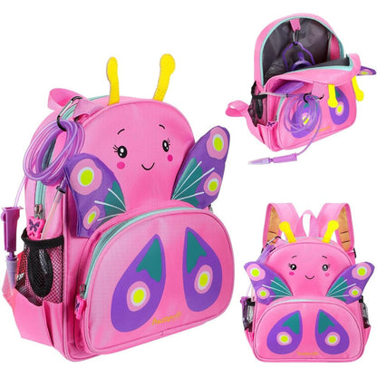 SilTriangle feeding tube backpack front view showcasing pink nylon material with butterfly pattern