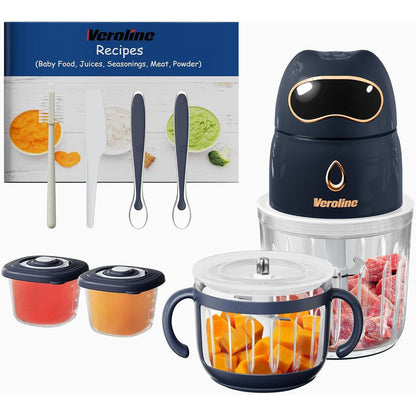 Veroline baby food maker front view showing the dark blue processor base and dual glass blending cups.