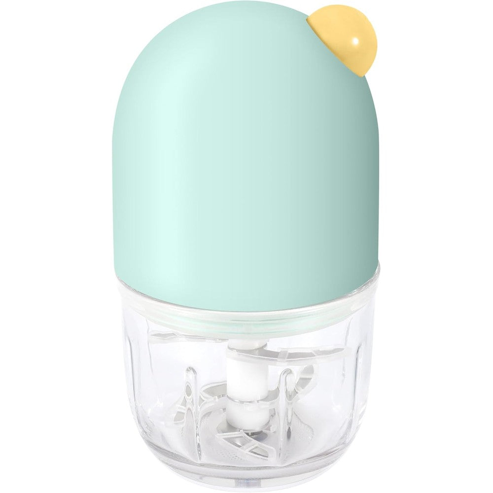 DAKONG baby food maker front view showing the light blue power head and clear glass bowl on a kitchen counter.