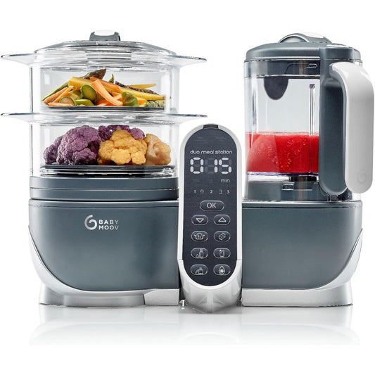 Babymoov Duo Meal Station Grey 6 in 1 baby food processor front view showing digital control panel