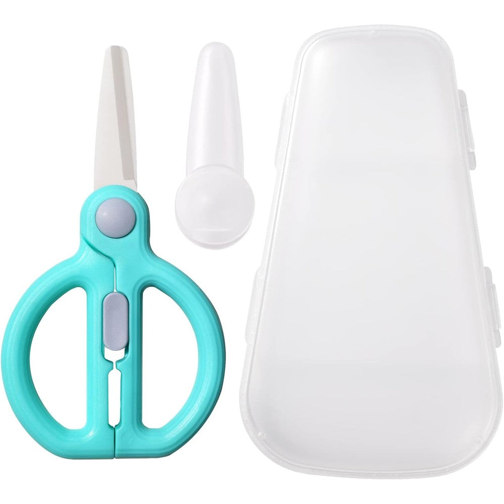 Artenny ceramic baby food scissors front view with teal handles and safety lock
