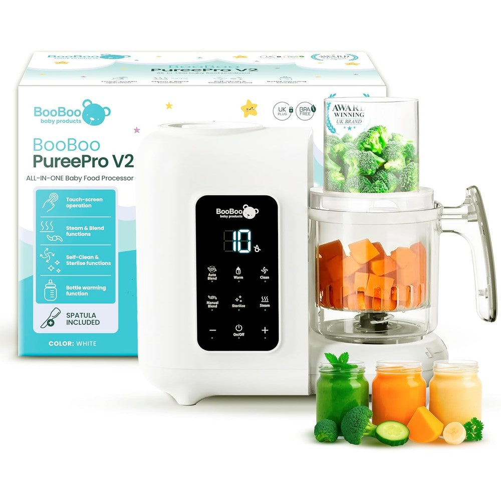 BooBoo Baby PuréePro V2 5-in-1 Baby Food Maker front view showing digital touch screen panel