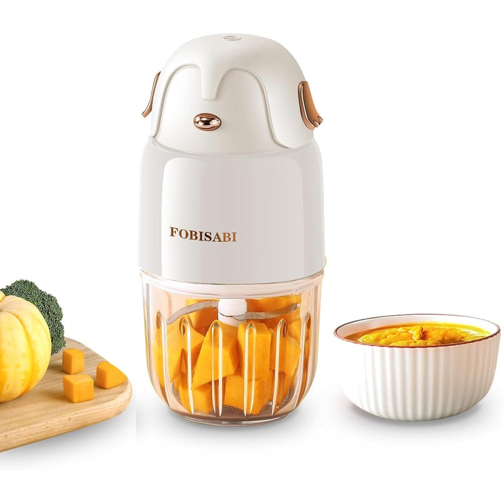 FOBISABI Baby Food Maker front view showing white design with gold buttons