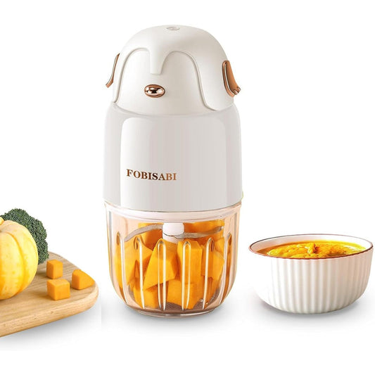 FOBISABI Baby Food Maker front view showing white design with gold buttons