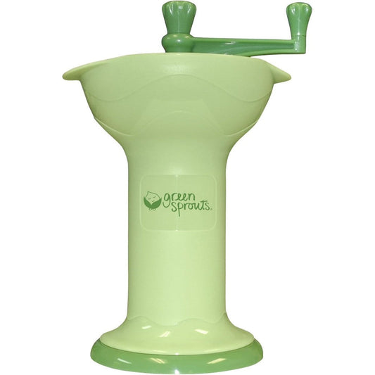 Green Sprouts Fresh Baby Food Mill front view showing the green hand crank and bowl.