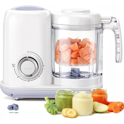AMZBABYCHEF Baby Food Maker 4 in 1 processor front view showing timer knob control on white body