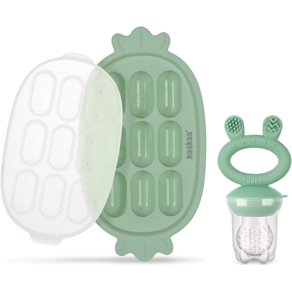 Haakaa baby fruit food feeder and silicone freezer nibble tray in pea green