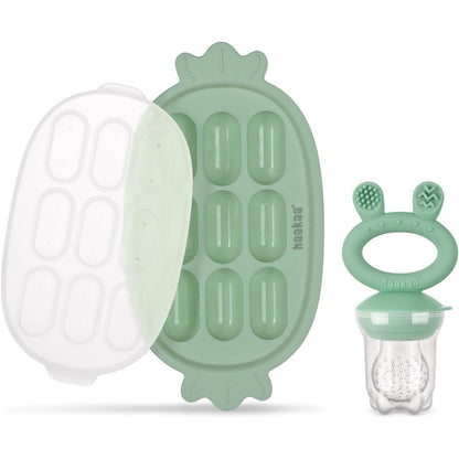 Haakaa baby fruit food feeder and silicone freezer nibble tray in pea green