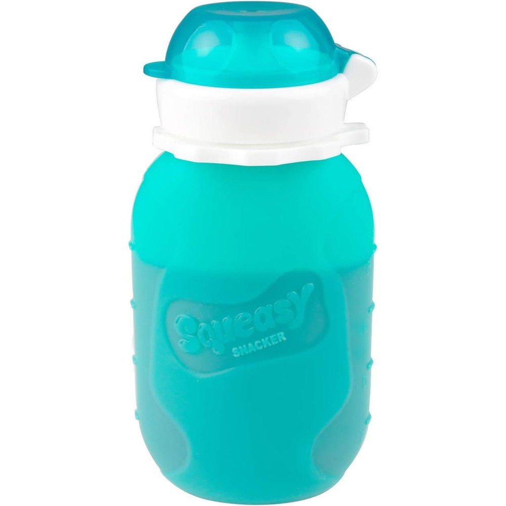 Squeasy Snacker reusable silicone food pouch in aqua color front view