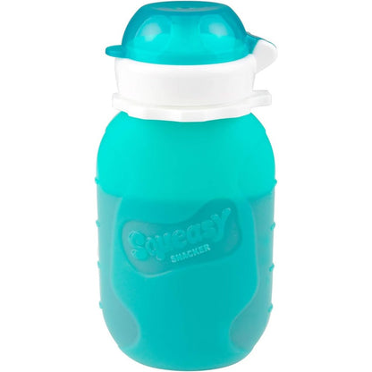 Squeasy Snacker reusable silicone food pouch in aqua color front view
