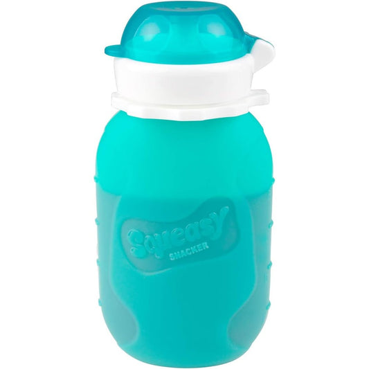 Squeasy Snacker reusable silicone food pouch in aqua color front view