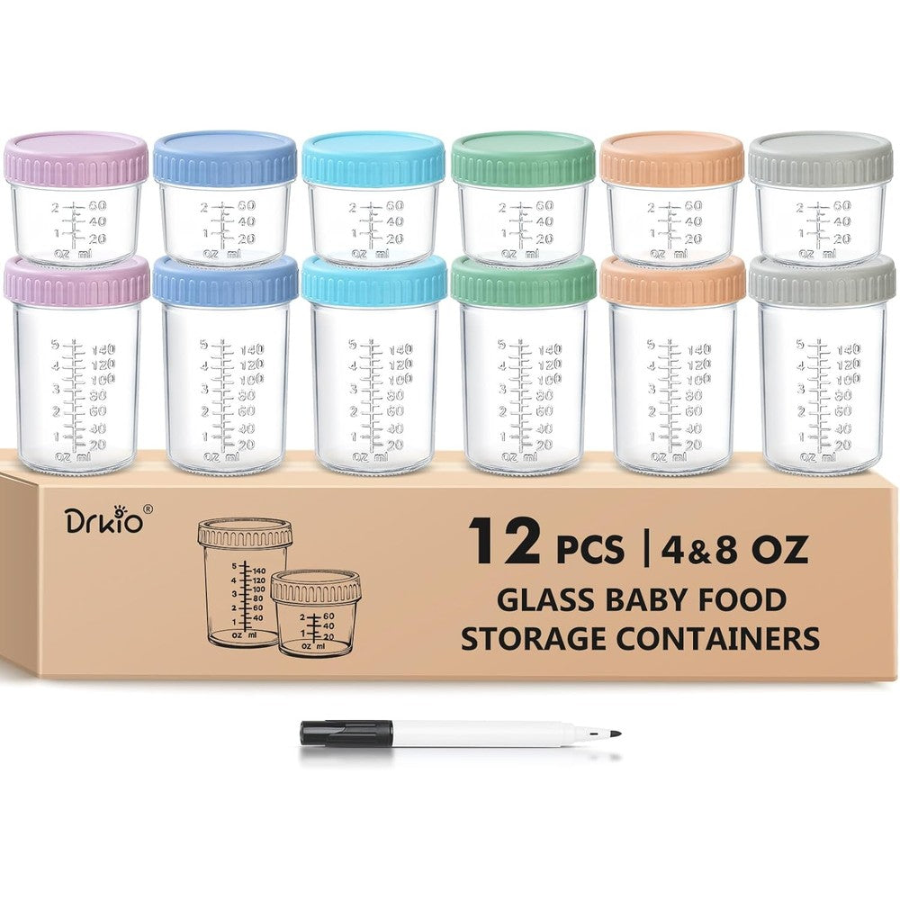 Drkio 12 pack glass baby food storage containers set front view