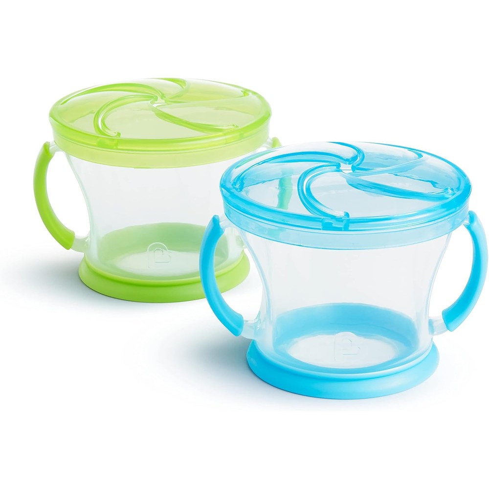 Munchkin Snack Catcher toddler cups blue and green front view