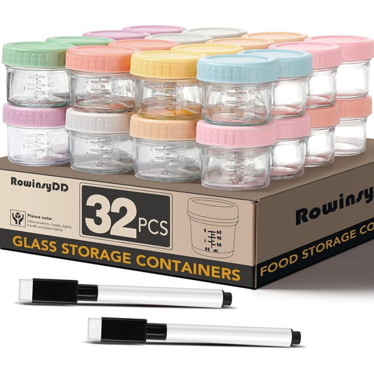 RowinsyDD 32-pack leakproof glass baby food jars front view
