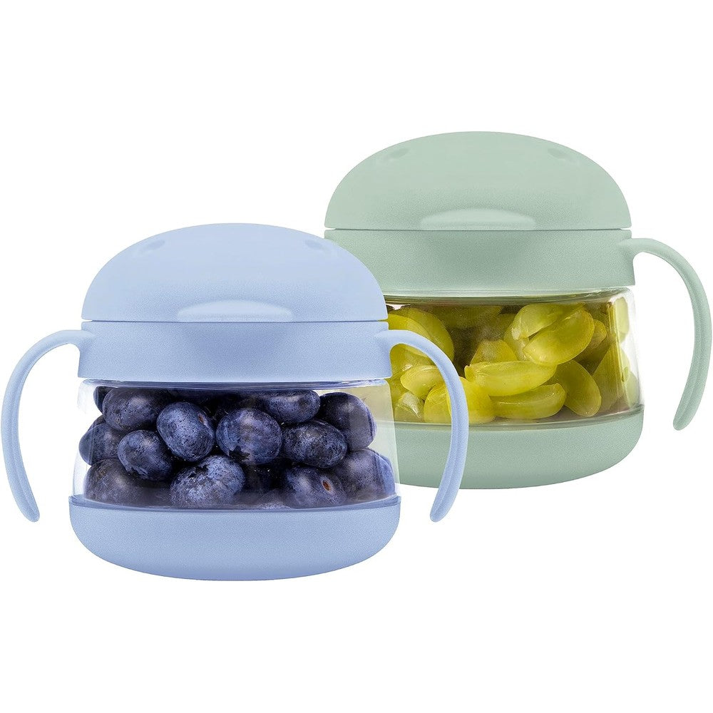 Ubbi Tweat no spill snack container front view in sage and blue
