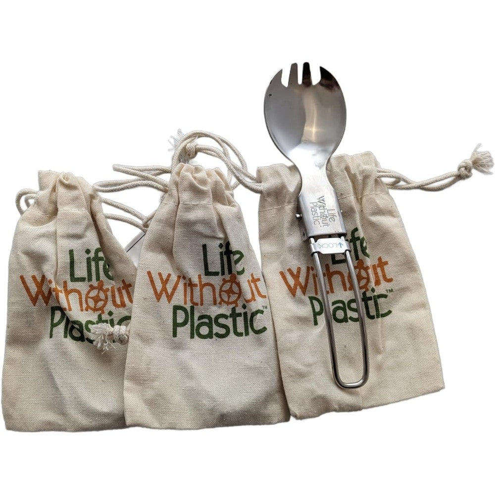 Life Without Plastic stainless steel folding spork set with cotton pouch
