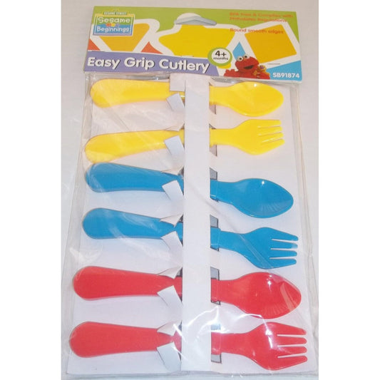 Sesame Street Beginnings Baby Easy Grip Cutlery Set front view with bright colored fork and spoon