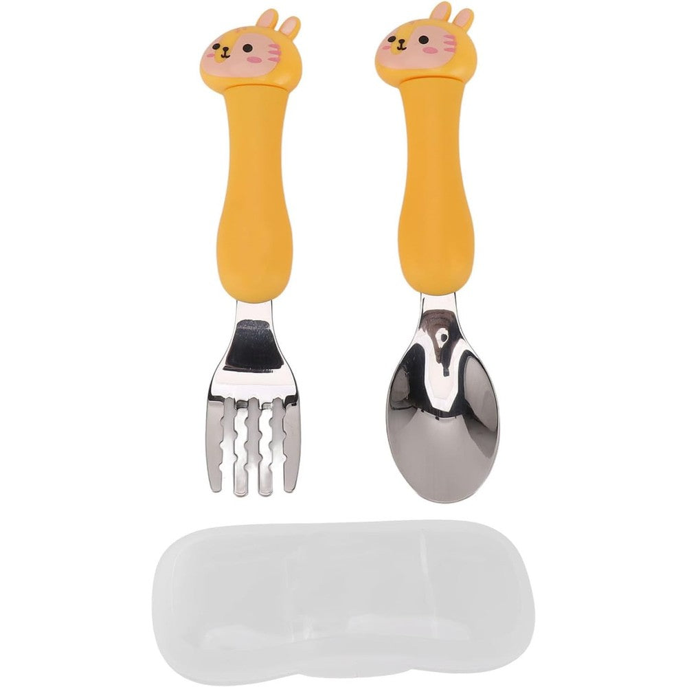 Atyhao cartoon kids stainless steel spoon and fork set front view premium toddler tableware.