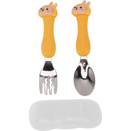 Atyhao cartoon kids stainless steel spoon and fork set front view premium toddler tableware.
