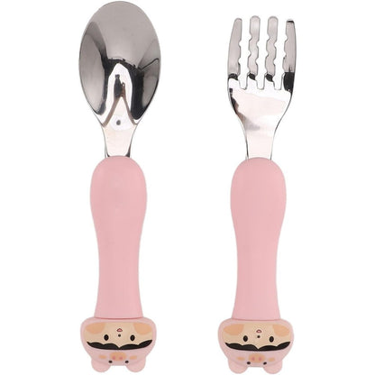 Hztyyier cartoon pig stainless steel spoon and fork set front view