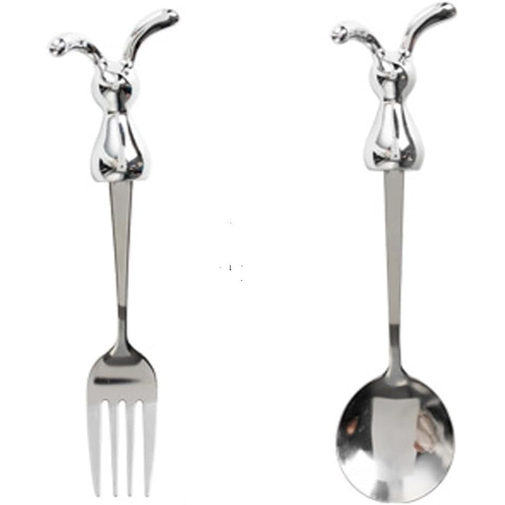 Ounona rabbit bunny stainless steel fork and spoon set front view