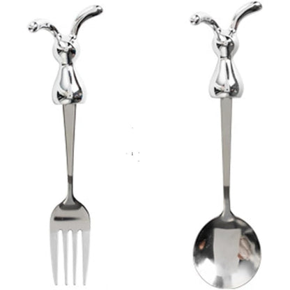 Ounona rabbit bunny stainless steel fork and spoon set front view