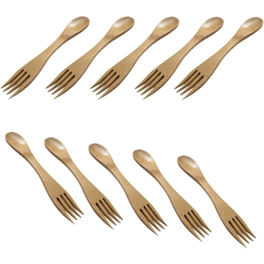FRCOLOR 10-Pack Sustainable Bamboo Spork Set front view showcasing the reusable chocolate colored spoon fork combo utensils for children.