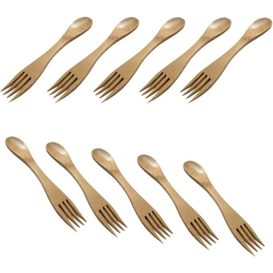 FRCOLOR 10-Pack Sustainable Bamboo Spork Set front view showcasing the reusable chocolate colored spoon fork combo utensils for children.