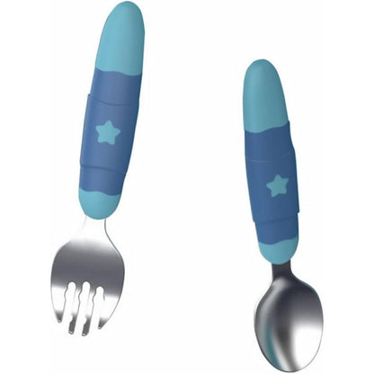 Toyvian Cutlery Set front view showing the blue spoon and fork training utensils.