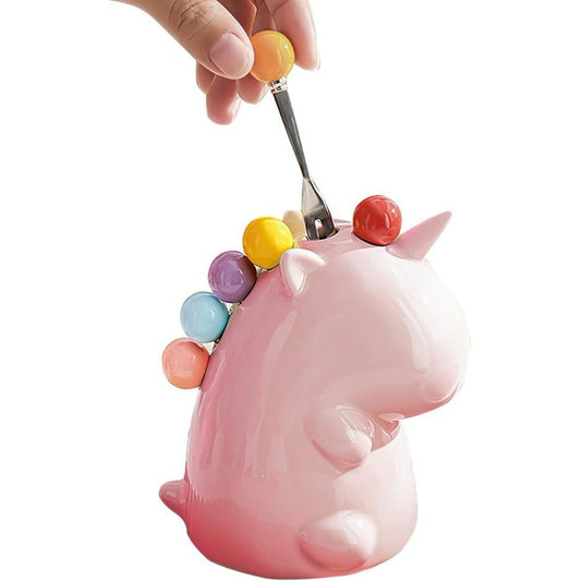 ZEYOHUAN fruit forks set with pink unicorn ceramic holder front view for kids snack time