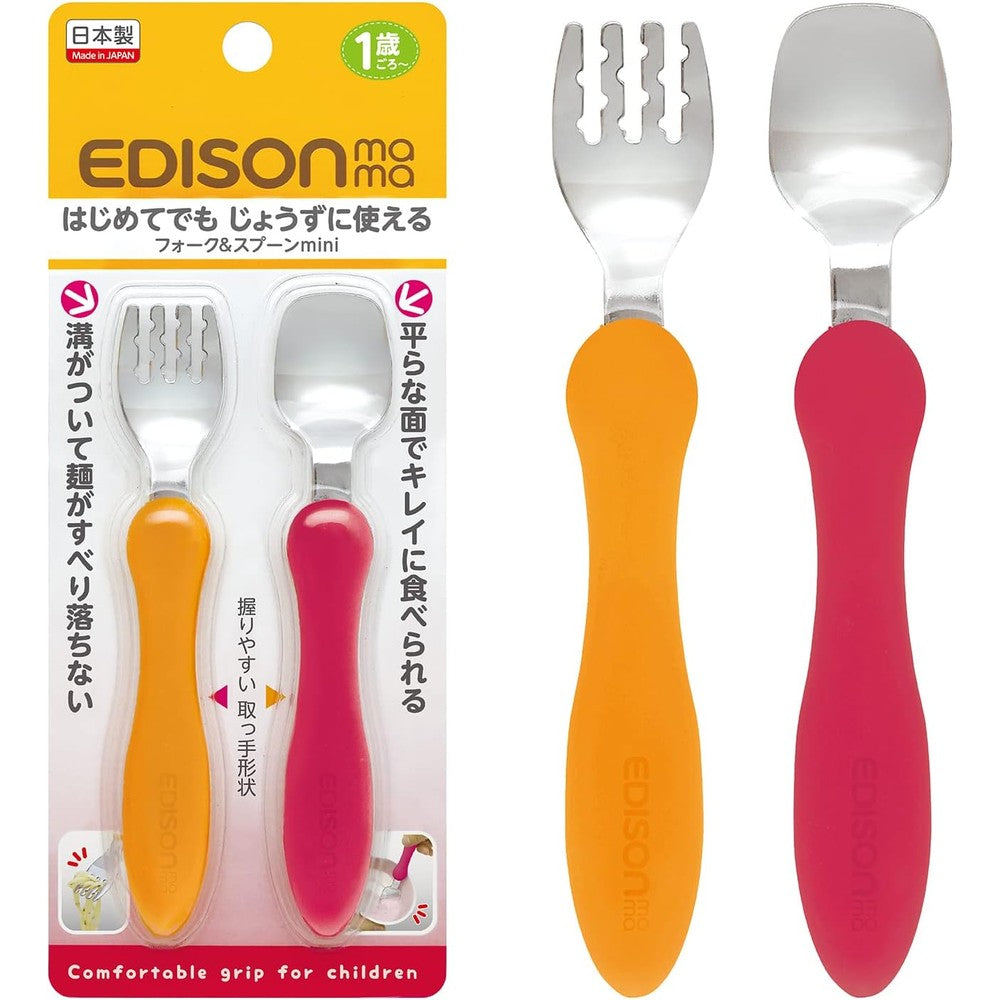 Edison Mama Fork And Spoon Mini Set For Toddlers Orange And Cherry Stainless Steel Learning Cutlery For Children Ages One Year And Up - Image 1