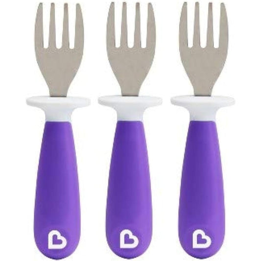Munchkin Raise Toddler Fork Set in purple featuring ergonomic handles and hygienic base.