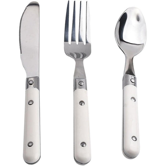 Besportble 3 piece stainless steel kids cutlery set with white handles front view