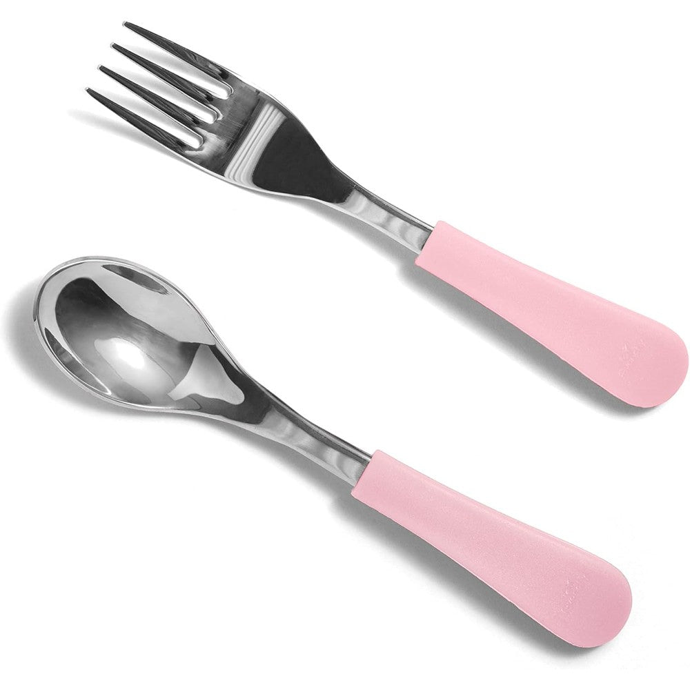 Avanchy stainless steel baby spoon and fork set front view