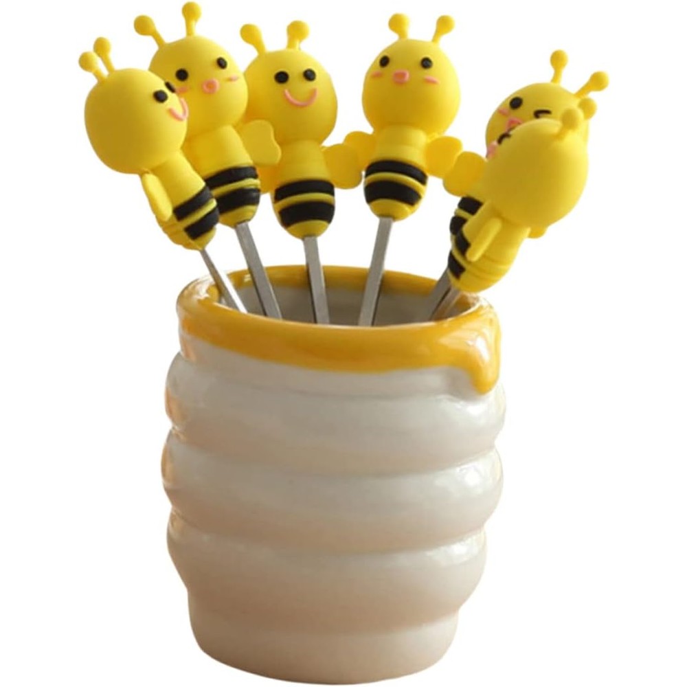 Bestoyard stainless steel fruit fork set with ceramic bee holder front view