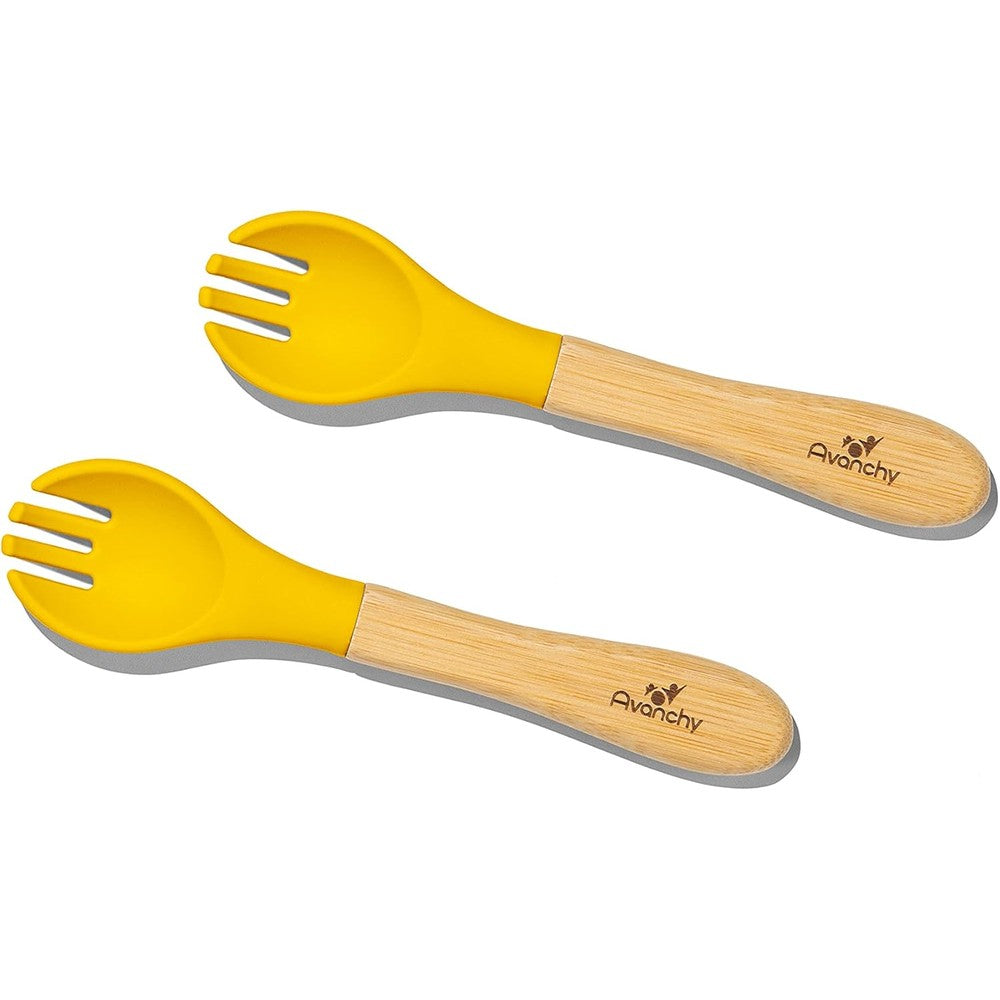 Avanchy baby fork set with bamboo handle and yellow silicone tip front view