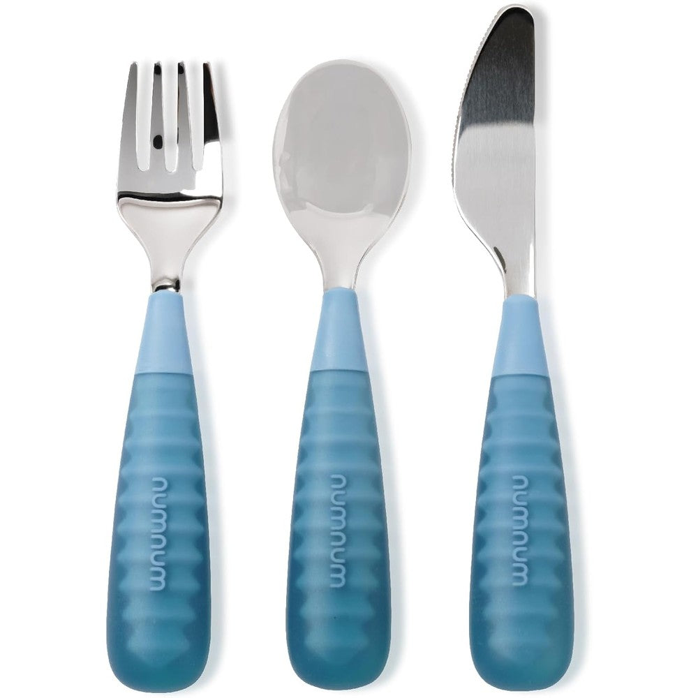 NumNum 4th stage toddler utensils set in pacific blue front view