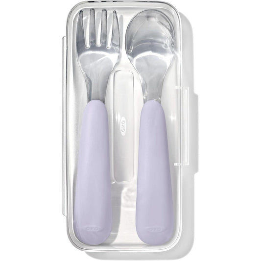 OXO Tot On-The-Go Fork and Spoon Set Lilac front view inside its open translucent travel carrying case.