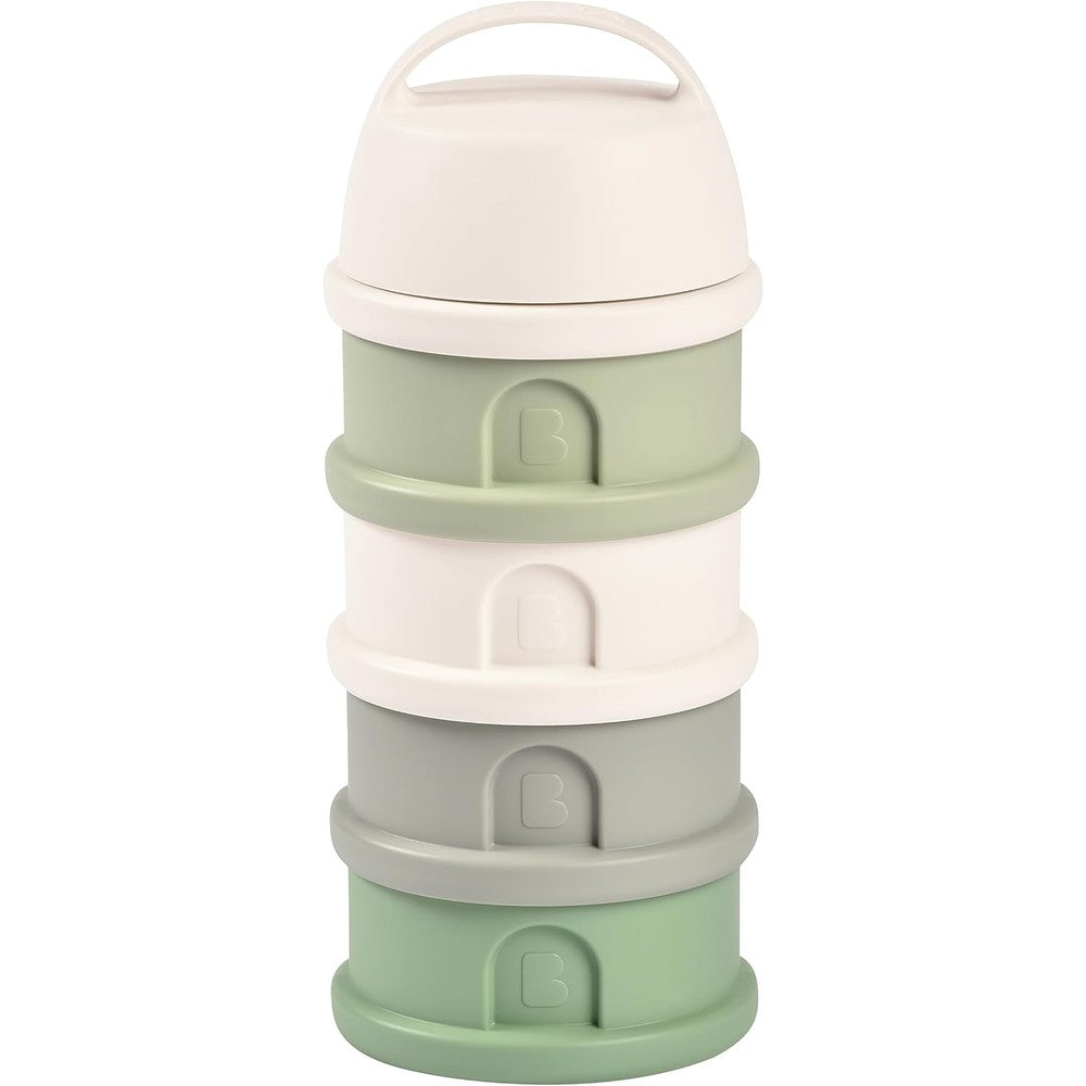 Béaba Formula and Snack Container in Sage Green front view showing four stacked compartments.
