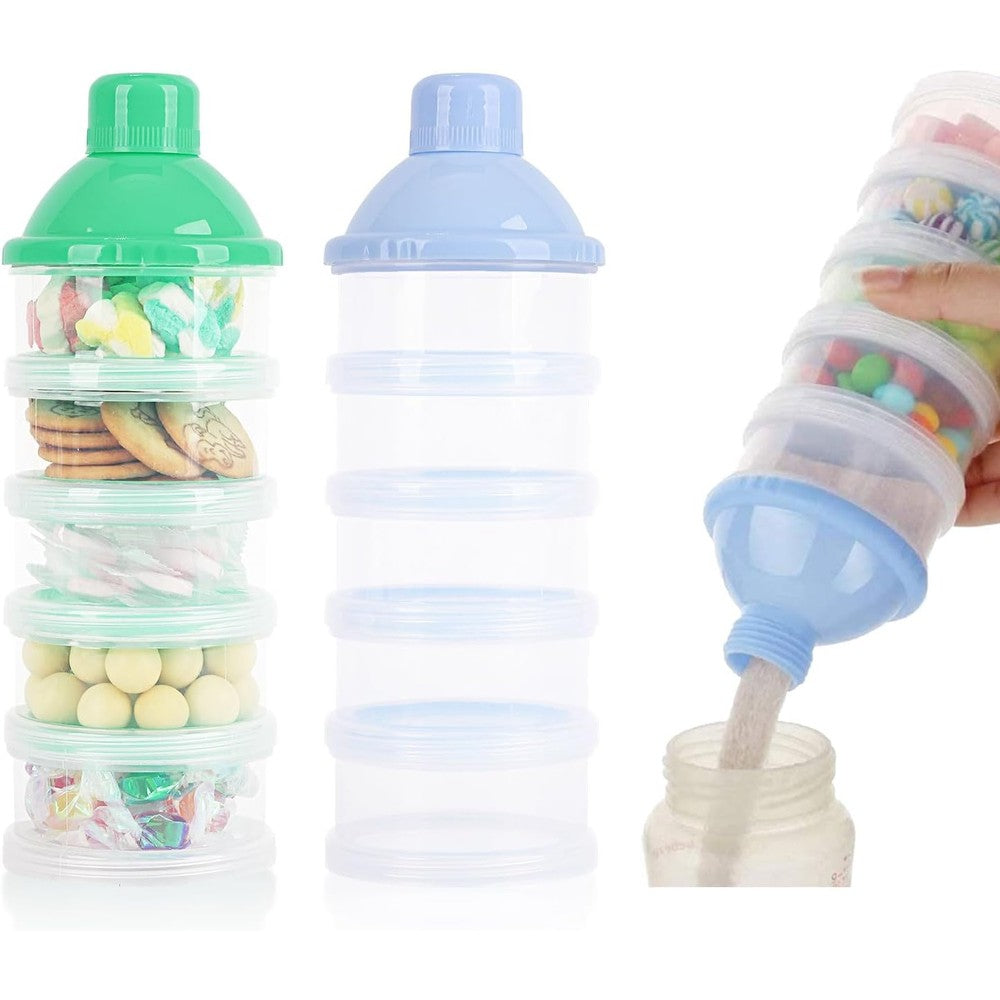 Manwetye 5 layers baby milk powder dispenser front view showcasing the blue and green stackable compartments.