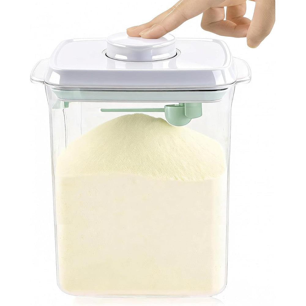 Vione Cozey Daily Formula Container front view showing the clear 2300ml rectangular body and gray one-button airtight lid.