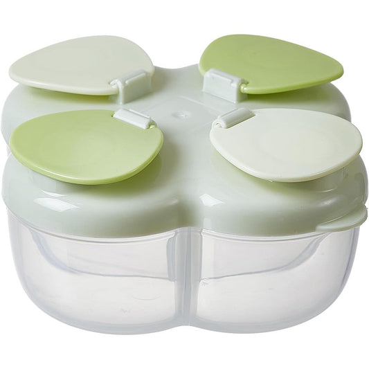 Amazon Grocery No Spill Formula Dispenser front view showing the green portable four compartment container.