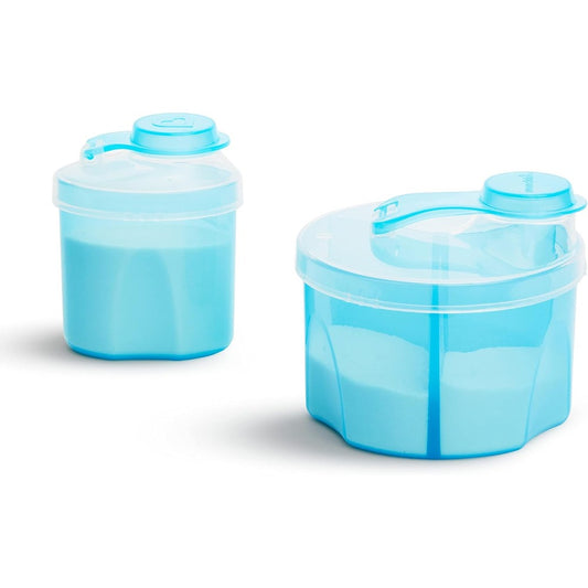 Munchkin Powder Formula Dispenser Combo Pack front view showing the blue three-compartment container and single-serve pod