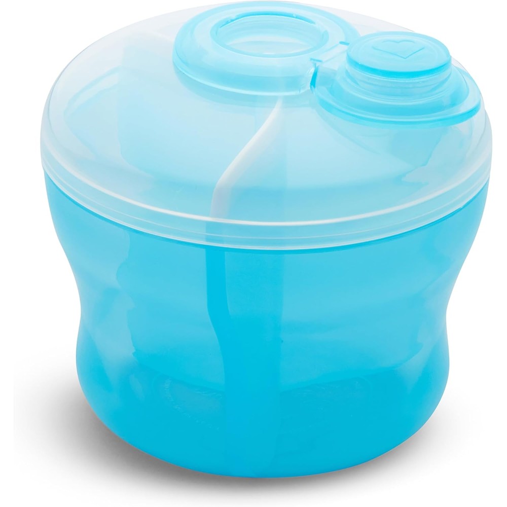 Munchkin baby formula dispenser blue front view featuring three compartments for travel feeding.