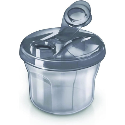 Philips Avent powder formula dispenser and snack cup in grey showing front view container