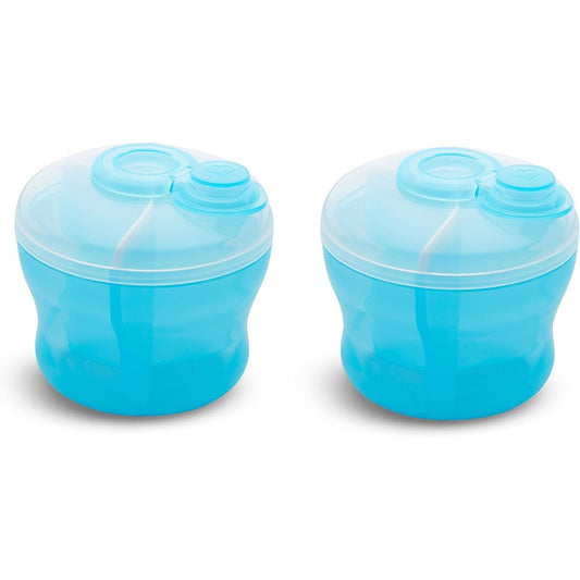 Munchkin baby formula dispenser blue two pack front view on travel background