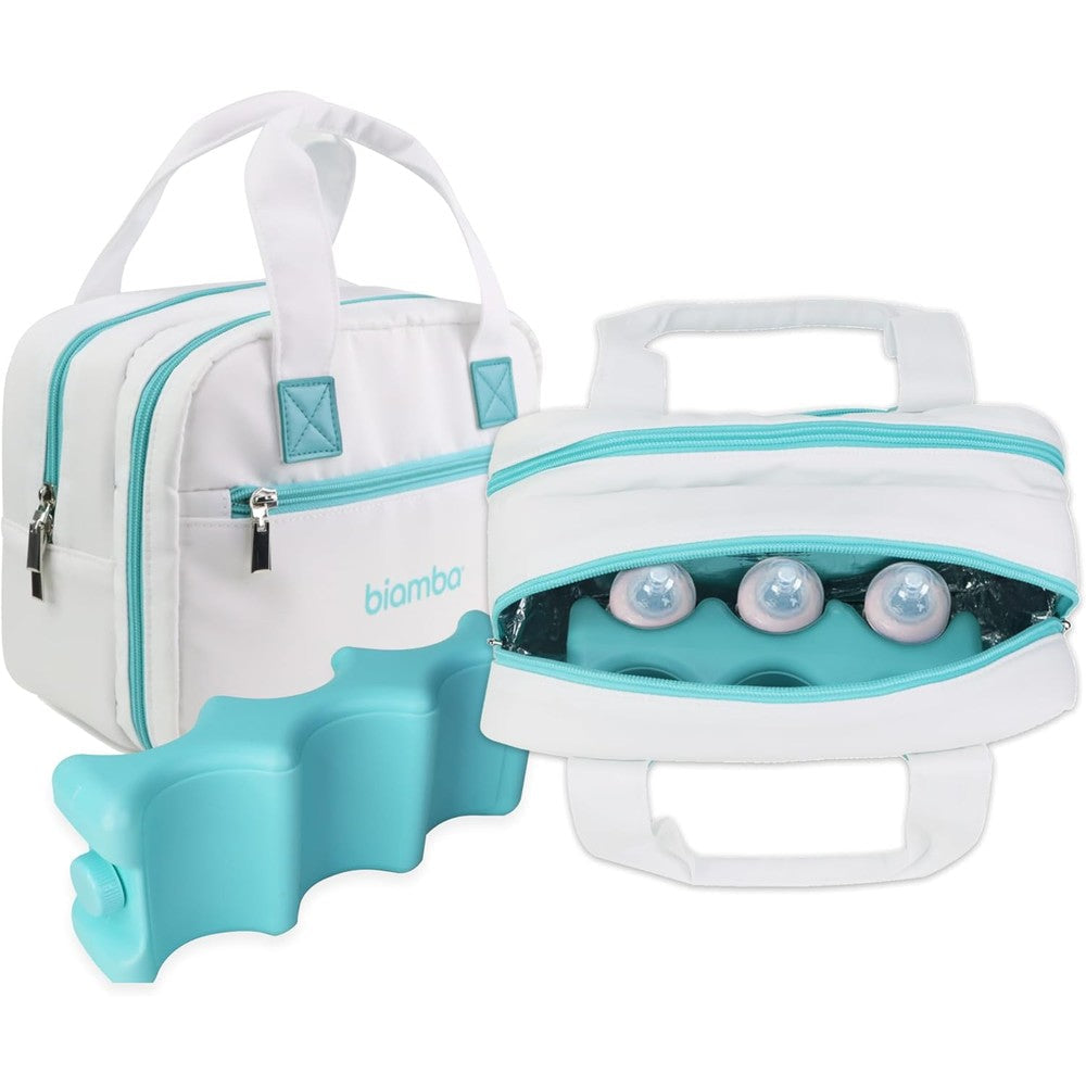 Biamba breastmilk cooler bag front view white and teal design