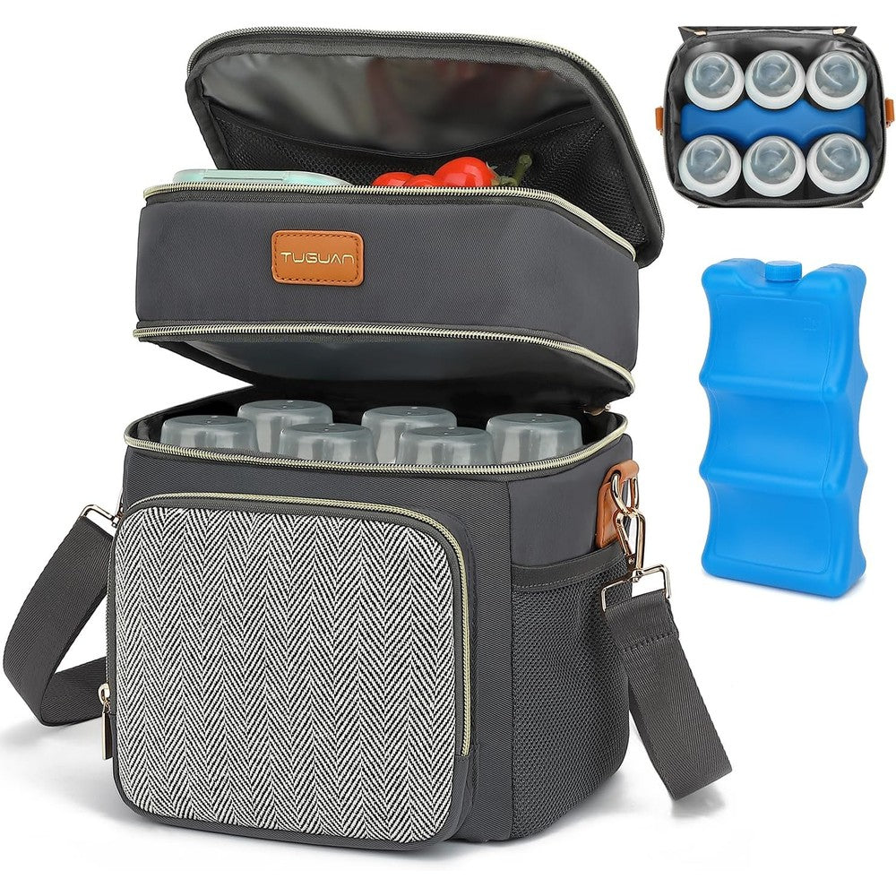 Tuguan double layer breastmilk cooler bag front view with grey herringbone pattern.
