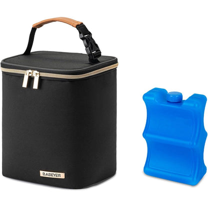 Babeyer black breast milk cooler bag front view with ice pack